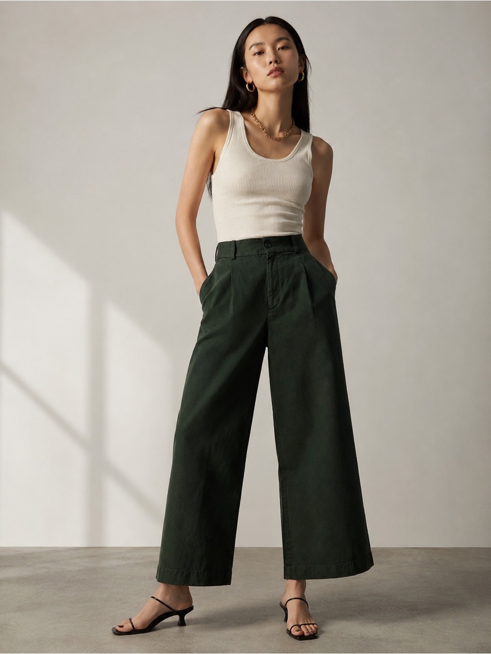 Everlane Lyocell Cotton Blend Wide Leg Pants Dark Green High Rise 10L